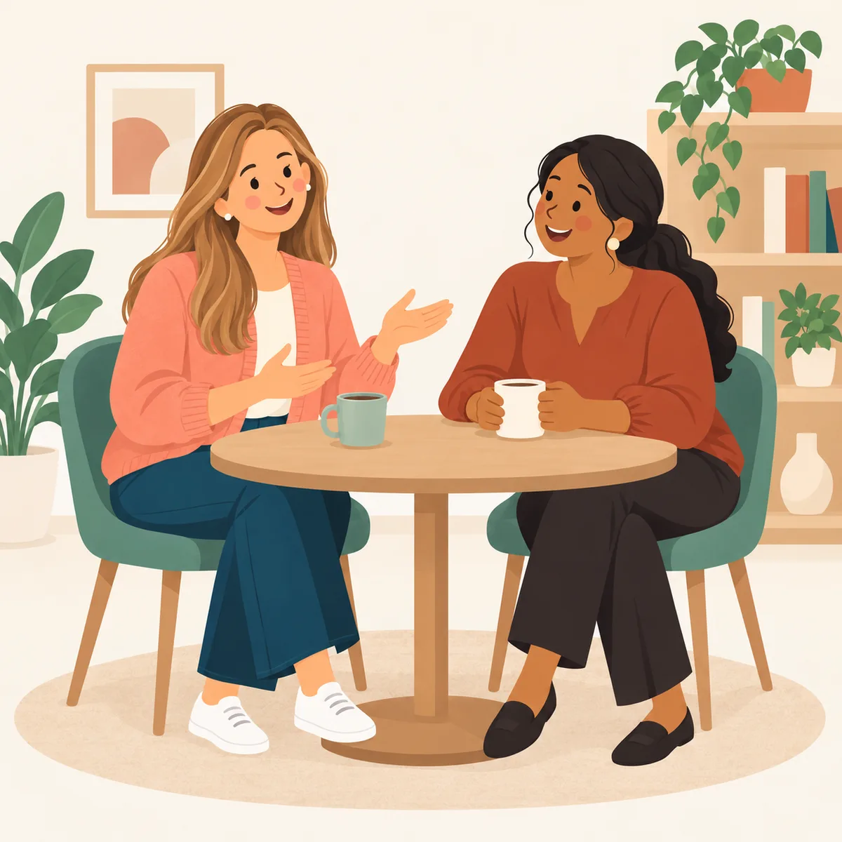 Amber chatting over coffee with a student during a conversation lesson