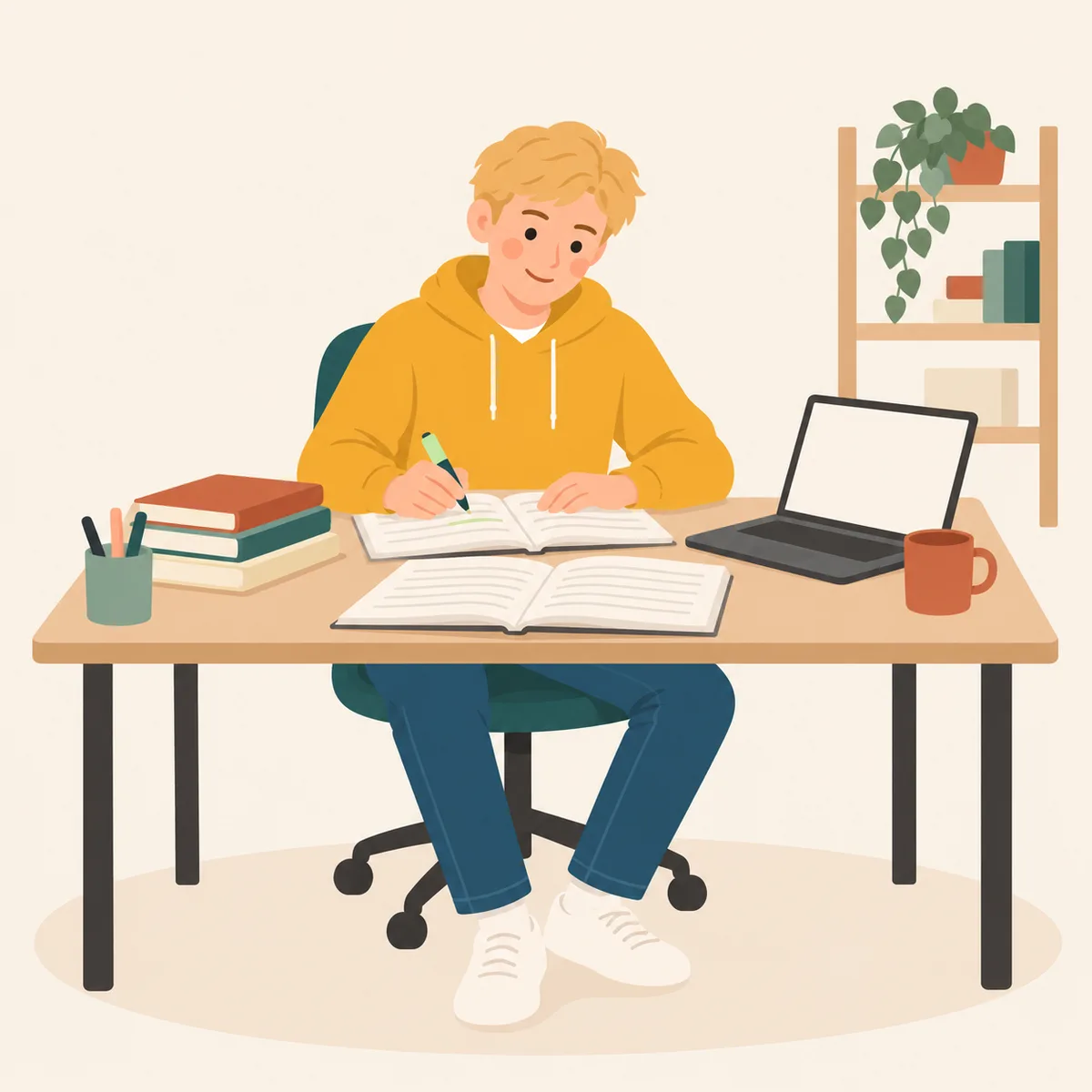 A teenage student working through his English workbooks at his desk