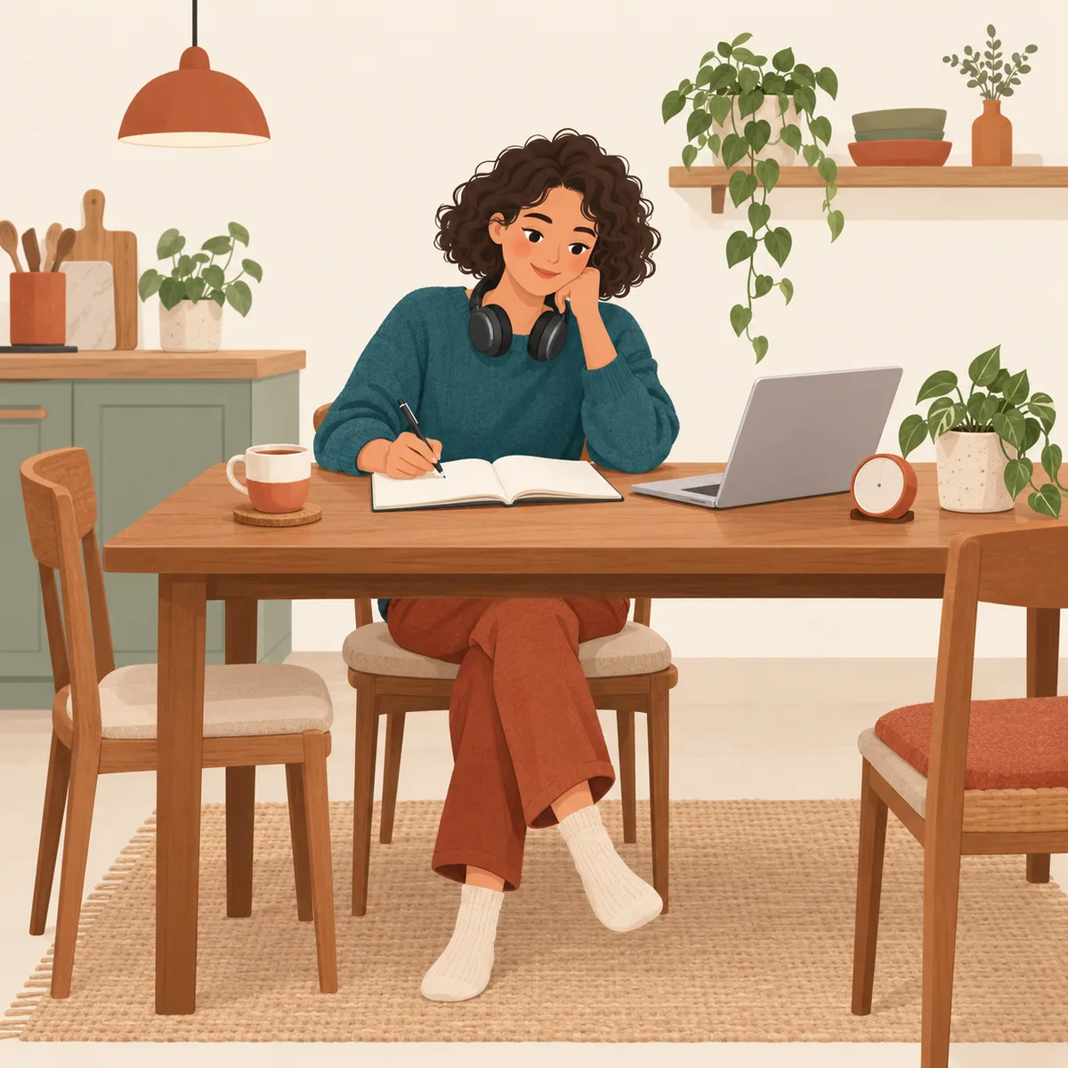 A student with curly hair taking notes for her IELTS preparation