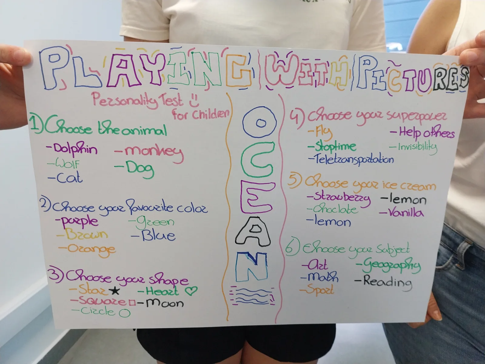 A hand-made lesson poster called Playing with pictures, with colourful word lists
