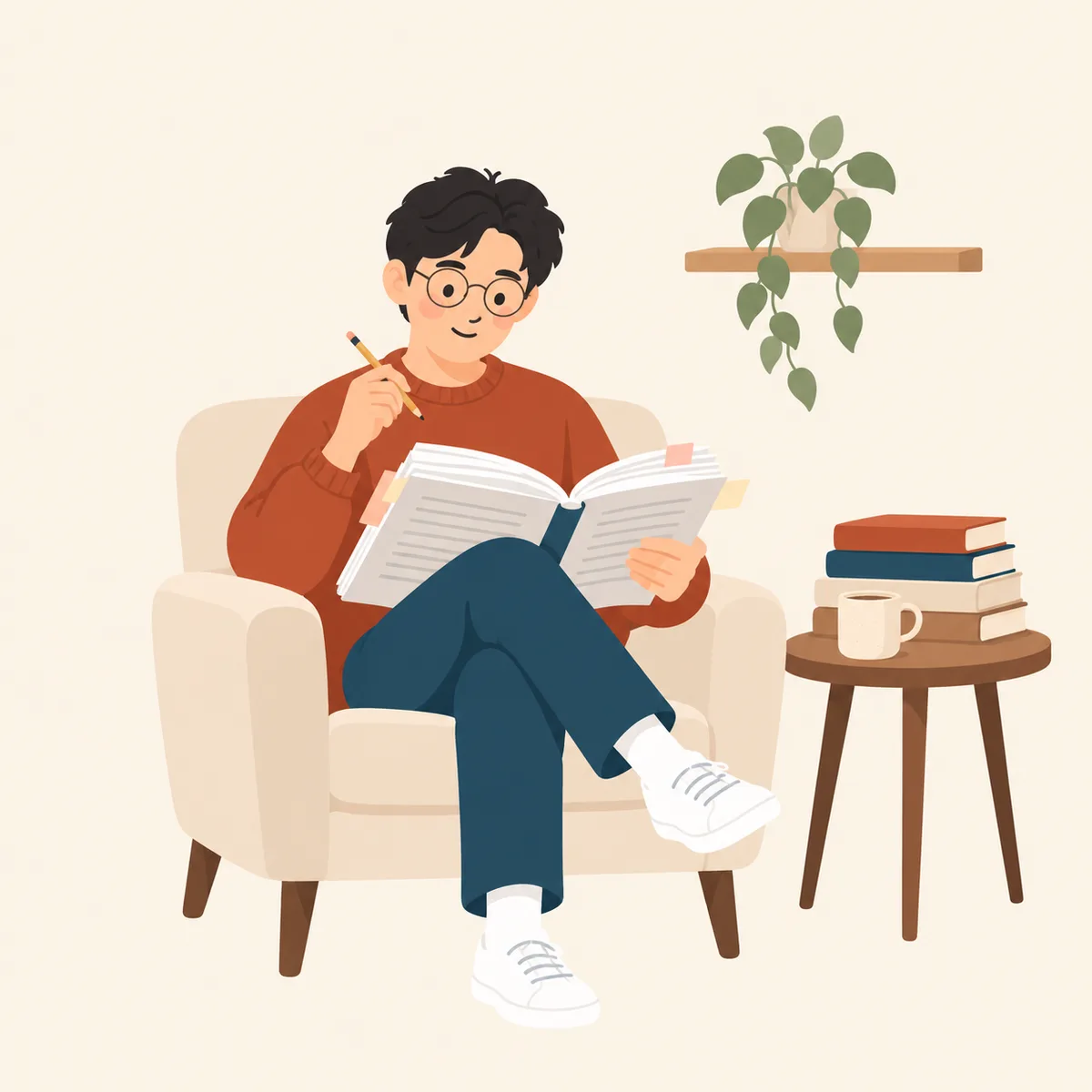 A graduate student reading through his printed thesis with a pencil